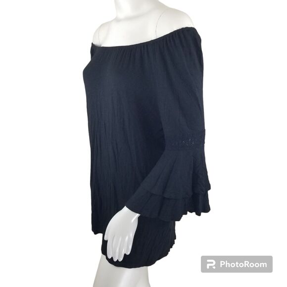 The Hanger blouse Large Black Off Shoulder tunic bell sleeve Peasant Soft Sexy - Picture 1 of 9